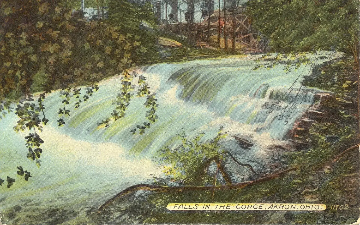 Hand-tinted postcard of the falls in the Cuyahoga Gorge at Akron, about 1910