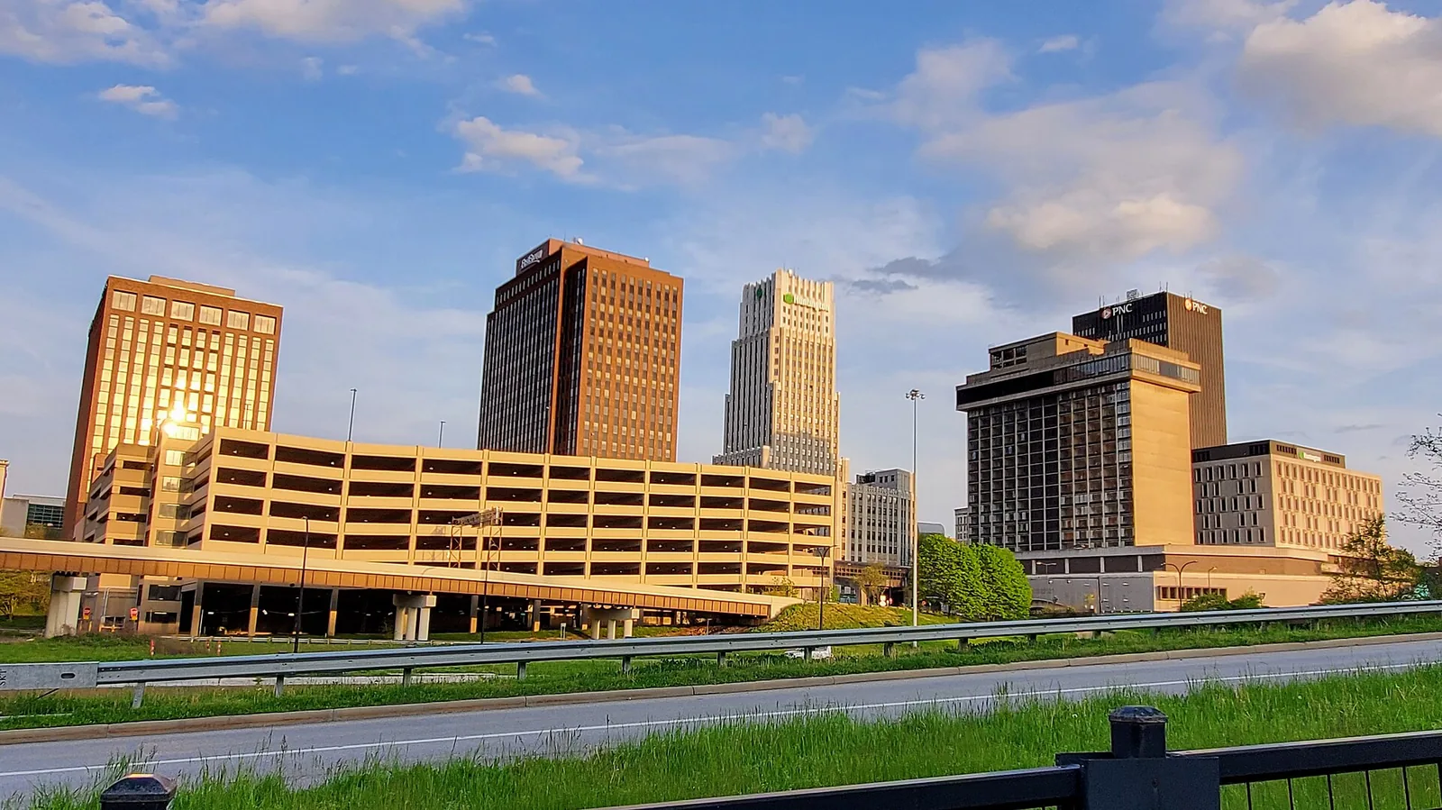 Downtown Akron at sunset, the office towers lit from the west