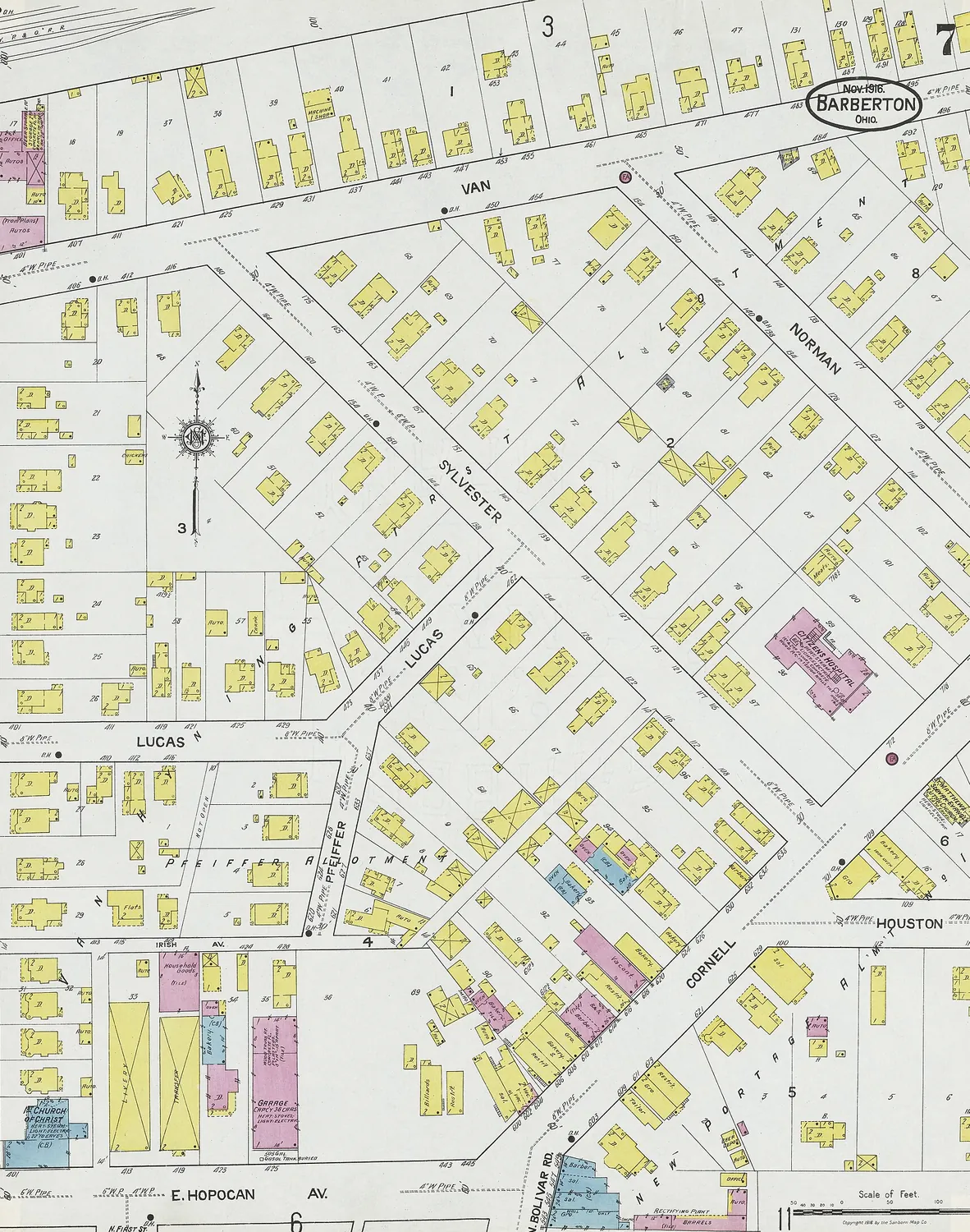 Page of the 1916 Sanborn fire insurance map of Barberton showing Lucas Street, Houston Street and East Hopocan Avenue, every building drawn as its own lot