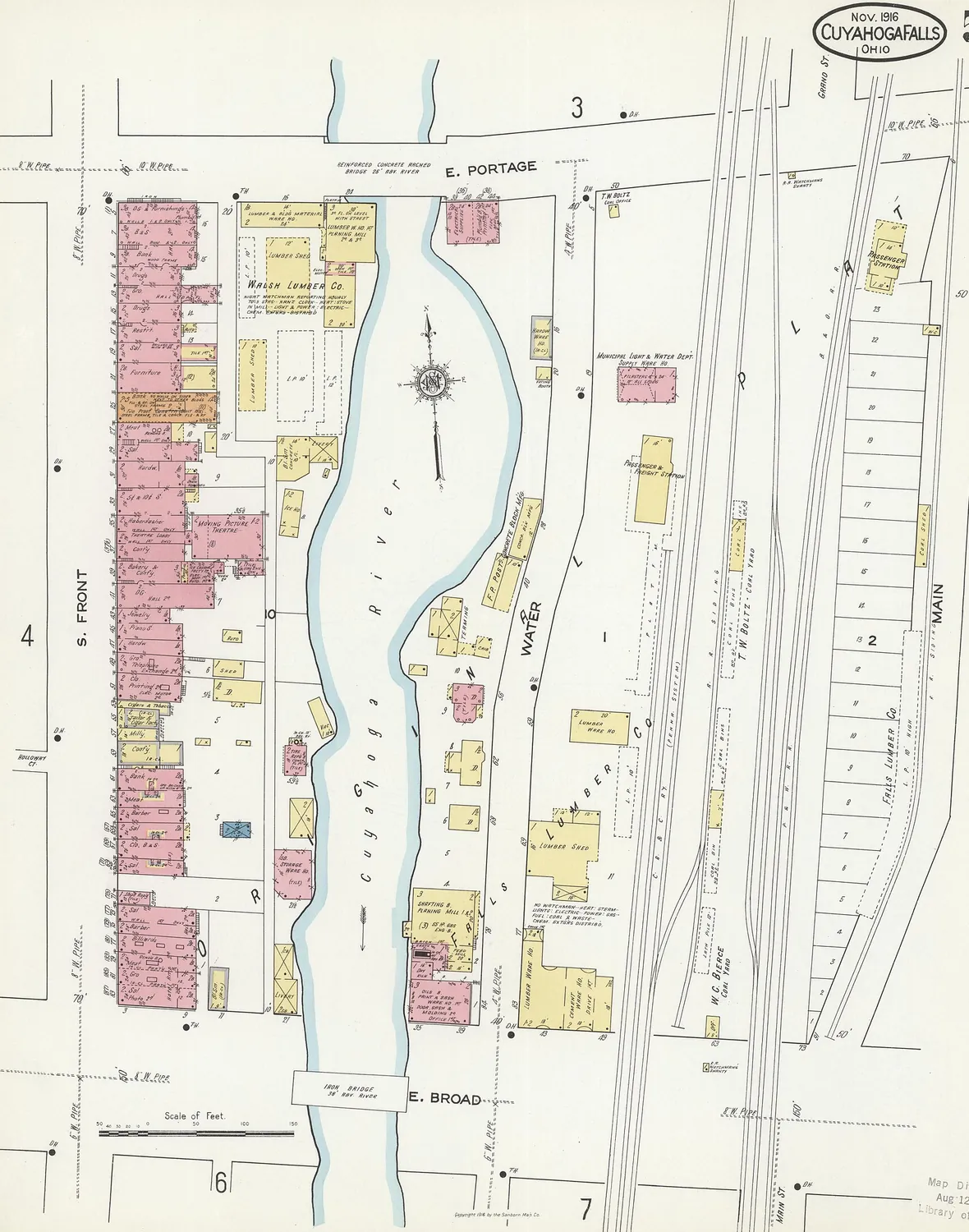 Plate from the 1916 Sanborn fire insurance map of Cuyahoga Falls, showing East Front Street, Broad Street and the Cuyahoga River