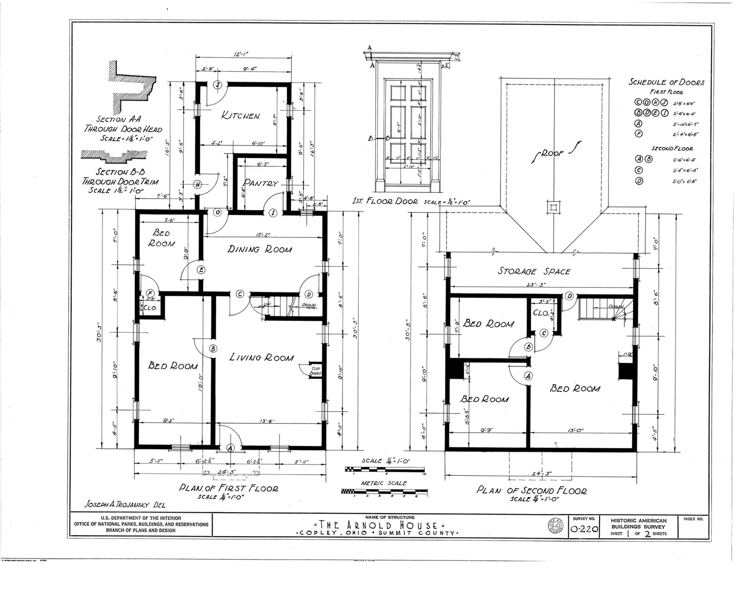 Historic American Buildings Survey measured drawings of the Arnold House in Copley, showing first and second floor plans
