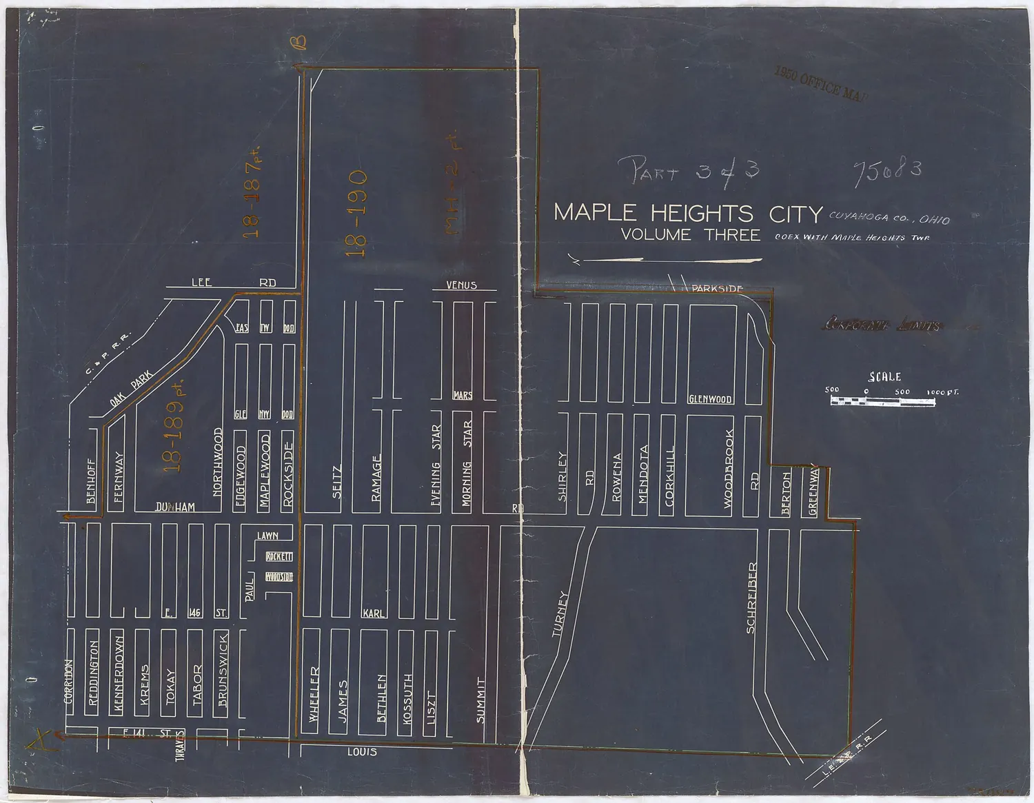 1950 United States census enumeration district map for Maple Heights City, Cuyahoga County, drawn in blueprint white on blue